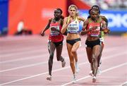 5 October 2019; Hellen Obiri of Kenya, right, on her way to winning the Womens 5000m, ahead of Konstanze Klosterhalfen of Germany, centre, who finished third, during day nine of the 17th IAAF World Athletics Championships Doha 2019 at the Khalifa International Stadium in Doha, Qatar. Photo by Sam Barnes/Sportsfile
