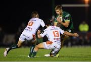 5 October 2019; Kyle Godwin of Connacht is tackled by Ian Keatley and Joaquin Riera of Benetton during the Guinness PRO14 Round 2 match between Connacht and Benetton at The Sportsground in Galway. Photo by Harry Murphy/Sportsfile