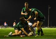 5 October 2019; Kyle Godwin of Connacht celebrates after scoring his side's first try with team-mates Caolin Blade and Conor Fitzgerald during the Guinness PRO14 Round 2 match between Connacht and Benetton at The Sportsground in Galway. Photo by Harry Murphy/Sportsfile