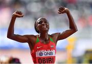 5 October 2019; Hellen Obiri of Kenya, right, celebrates winning the Womens 5000m during day nine of the 17th IAAF World Athletics Championships Doha 2019 at the Khalifa International Stadium in Doha, Qatar. Photo by Sam Barnes/Sportsfile
