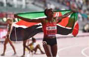 5 October 2019; Hellen Obiri of Kenya, right, celebrates winning the Womens 5000m during day nine of the 17th IAAF World Athletics Championships Doha 2019 at the Khalifa International Stadium in Doha, Qatar. Photo by Sam Barnes/Sportsfile