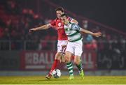 5 October 2019; Aaron McEneff of Shamrock Rovers in action against Daryl Fordyce of Sligo Rovers during the SSE Airtricity League Premier Division match between Sligo Rovers and Shamrock Rovers at The Showgrounds in Sligo. Photo by Stephen McCarthy/Sportsfile