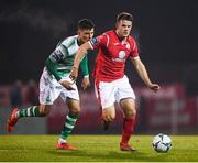 5 October 2019; Regan Donelon of Sligo Rovers in action against Graham Cummins of Shamrock Rovers during the SSE Airtricity League Premier Division match between Sligo Rovers and Shamrock Rovers at The Showgrounds in Sligo. Photo by Stephen McCarthy/Sportsfile