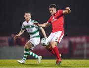 5 October 2019; Regan Donelon of Sligo Rovers in action against Jack Byrne of Shamrock Rovers during the SSE Airtricity League Premier Division match between Sligo Rovers and Shamrock Rovers at The Showgrounds in Sligo. Photo by Stephen McCarthy/Sportsfile