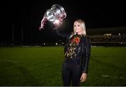 5 October 2019; All-Ireland Camogie winning captain Sarah Dervan of Galway presents the O'Duffy Cup at half-time of the Guinness PRO14 Round 2 match between Connacht and Benetton at The Sportsground in Galway. Photo by Harry Murphy/Sportsfile