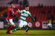 5 October 2019; Graham Cummins of Shamrock Rovers in action against Sam Warde of Sligo Rovers during the SSE Airtricity League Premier Division match between Sligo Rovers and Shamrock Rovers at The Showgrounds in Sligo. Photo by Stephen McCarthy/Sportsfile