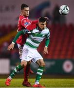 5 October 2019; Graham Cummins of Shamrock Rovers in action against Sam Warde of Sligo Rovers during the SSE Airtricity League Premier Division match between Sligo Rovers and Shamrock Rovers at The Showgrounds in Sligo. Photo by Stephen McCarthy/Sportsfile