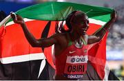 5 October 2019; Hellen Obiri of Kenya celebrates winning the Womens 5000m during day nine of the 17th IAAF World Athletics Championships Doha 2019 at the Khalifa International Stadium in Doha, Qatar. Photo by Sam Barnes/Sportsfile