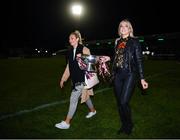 5 October 2019; All-Ireland Camogie winning Galway players Sarah Dervan, right, and Emma Helebert present the O'Duffy Cup to the crowd at half-time of the Guinness PRO14 Round 2 match between Connacht and Benetton at The Sportsground in Galway. Photo by Harry Murphy/Sportsfile