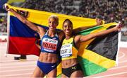 5 October 2019; Yulimar Rojas of Venezuela and Shanieka Ricketts of Jamaica after winning gold and silver repsectively in the women's triple jump during day nine of the 17th IAAF World Athletics Championships Doha 2019 at the Khalifa International Stadium in Doha, Qatar. Photo by Sam Barnes/Sportsfile