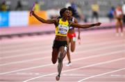 5 October 2019; Shericka Jackson of Jamaica celebrates winning the Women's 4x100m relay during day nine of the 17th IAAF World Athletics Championships Doha 2019 at the Khalifa International Stadium in Doha, Qatar. Photo by Sam Barnes/Sportsfile