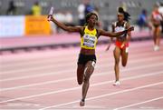 5 October 2019; Shericka Jackson of Jamaica celebrates winning the Women's 4x100m relay during day nine of the 17th IAAF World Athletics Championships Doha 2019 at the Khalifa International Stadium in Doha, Qatar. Photo by Sam Barnes/Sportsfile