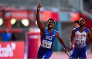 5 October 2019; Noah Lyles of USA celebrates after winning the Men's 4x100m Relay during day nine of the 17th IAAF World Athletics Championships Doha 2019 at the Khalifa International Stadium in Doha, Qatar. Photo by Sam Barnes/Sportsfile
