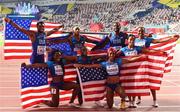 5 October 2019; The USA 4x100m relay teams celebrate during day nine of the 17th IAAF World Athletics Championships Doha 2019 at the Khalifa International Stadium in Doha, Qatar. Photo by Sam Barnes/Sportsfile