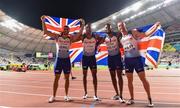 5 October 2019; The Great Britain 4x100m Men's relay team, from left, Adam Gemili, Zharnel Hughes, Nethaneel Mitchell- Blake and Richard Kilty celebrate winning a silver Medal during day nine of the 17th IAAF World Athletics Championships Doha 2019 at the Khalifa International Stadium in Doha, Qatar. Photo by Sam Barnes/Sportsfile