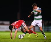 5 October 2019; Ronan Finn of Shamrock Rovers in action against John Mahon of Sligo Rovers during the SSE Airtricity League Premier Division match between Sligo Rovers and Shamrock Rovers at The Showgrounds in Sligo. Photo by Stephen McCarthy/Sportsfile