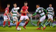 5 October 2019; Niall Morahan of Sligo Rovers in action against Graham Burke of Shamrock Rovers during the SSE Airtricity League Premier Division match between Sligo Rovers and Shamrock Rovers at The Showgrounds in Sligo. Photo by Stephen McCarthy/Sportsfile