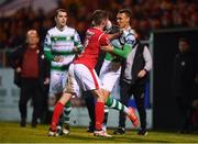 5 October 2019; Lewis Banks of Sligo Rovers and Graham Burke of Shamrock Rovers during the SSE Airtricity League Premier Division match between Sligo Rovers and Shamrock Rovers at The Showgrounds in Sligo. Photo by Stephen McCarthy/Sportsfile