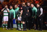 5 October 2019; Shamrock Rovers manager Stephen Bradley and assistant coach Glenn Cronin with referee Graham Kelly during the SSE Airtricity League Premier Division match between Sligo Rovers and Shamrock Rovers at The Showgrounds in Sligo. Photo by Stephen McCarthy/Sportsfile