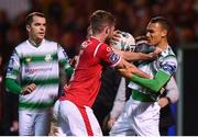 5 October 2019; Lewis Banks of Sligo Rovers and Graham Burke of Shamrock Rovers during the SSE Airtricity League Premier Division match between Sligo Rovers and Shamrock Rovers at The Showgrounds in Sligo. Photo by Stephen McCarthy/Sportsfile