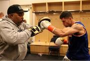 5 October 2019; Joe Ward with his trainer Buddy McGint in the dressing room before his Light Heavy bout with Marc Delgado at Madison Square Garden in New York, USA. Photo by Melina Pizano/Matchroom Boxing USA via Sportsfile