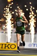 5 October 2019; Stephen Scullion of Ireland crosses the finish line after competing in the Men's Marathon during day nine of the 17th IAAF World Athletics Championships Doha 2019 at the Corniche in Doha, Qatar. Photo by Sam Barnes/Sportsfile