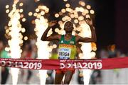 5 October 2019; Lelisa Desisa of Ethiopia crosses the line to win the Men's Marathon during day nine of the 17th IAAF World Athletics Championships Doha 2019 at the Corniche in Doha, Qatar. Photo by Sam Barnes/Sportsfile