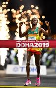 5 October 2019; Lelisa Desisa of Ethiopia crosses the line to win the Men's Marathon during day nine of the 17th IAAF World Athletics Championships Doha 2019 at the Corniche in Doha, Qatar. Photo by Sam Barnes/Sportsfile