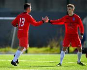 6 October 2019; Christopher McCarthy of Munster Senior League, left, is congratulated by team-mate Ian Mylod after scoring his side's first goal during the FAI Michael Ward Inter League Tournament match between Munster Senior League and Connacht FA at Kilbarrack United in Dublin. Photo by Seb Daly/Sportsfile