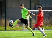 6 October 2019; Ryan McManus of Connacht FA shoots to score his side's second goal, despite the pressure of Anthony O’Donnell of Munster Senior League, during the FAI Michael Ward Inter League Tournament match between Munster Senior League and Connacht FA at Kilbarrack United in Dublin. Photo by Seb Daly/Sportsfile