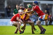 6 October 2019; Cian Derwin of Craobh Chiaráin in action against Andrew Dunphy, left, and Daire Plunkett of St Brigids during the Dublin County Senior Club Hurling Championship semi-final match between Craobh Chiaráin and St Brigid's at Parnell Park in Dublin. Photo by David Fitzgerald/Sportsfile