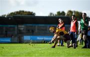 6 October 2019; Cian Derwin of Craobh Chiaráin takes a sideline cut during the Dublin County Senior Club Hurling Championship semi-final match between Craobh Chiaráin and St Brigid's at Parnell Park in Dublin. Photo by David Fitzgerald/Sportsfile