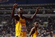 6 October 2019; Joshua Cheptegei of Uganda celebrates after winning the Men's 10,000m during day ten of the 17th IAAF World Athletics Championships Doha 2019 at the Khalifa International Stadium in Doha, Qatar. Photo by Sam Barnes/Sportsfile