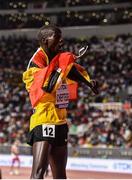 6 October 2019; Joshua Cheptegei of Uganda celebrates after winning the Men's 10,000m during day ten of the 17th IAAF World Athletics Championships Doha 2019 at the Khalifa International Stadium in Doha, Qatar. Photo by Sam Barnes/Sportsfile