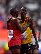 6 October 2019; Joshua Cheptegei of Uganda, right, is congratulated by Rhonex Kipruto of Kenya after winning the Men's 10,000m during day ten of the 17th IAAF World Athletics Championships Doha 2019 at the Khalifa International Stadium in Doha, Qatar. Photo by Sam Barnes/Sportsfile