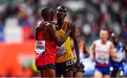 6 October 2019; Joshua Cheptegei of Uganda, right, is congratulated by Rhonex Kipruto of Kenya after winning the Men's 10,000m during day ten of the 17th IAAF World Athletics Championships Doha 2019 at the Khalifa International Stadium in Doha, Qatar. Photo by Sam Barnes/Sportsfile