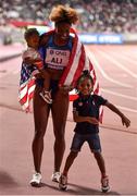 6 October 2019; Nia Ali of USA celebrates with her son Titus Maximus Tinsley, right, and daughter, Yuri, after winning the Women's 100m Hurdles during day ten of the 17th IAAF World Athletics Championships Doha 2019 at the Khalifa International Stadium in Doha, Qatar. Photo by Sam Barnes/Sportsfile