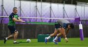 7 October 2019; Joey Carbery with team doctor Dr Ciaran Cosgrove during Ireland Rugby squad training session at Shirouzuoike Park in Fukuoka, Japan. Photo by Brendan Moran/Sportsfile