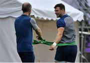 7 October 2019; Robbie Henshaw with team physio Dr. Phil Glasgow during Ireland Rugby squad training session at Shirouzuoike Park in Fukuoka, Japan. Photo by Brendan Moran/Sportsfile