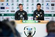 7 October 2019; Republic of Ireland's John Egan, right, and Kevin Long during a press conference at the FAI National Training Centre in Abbotstown, Dublin. Photo by Stephen McCarthy/Sportsfile