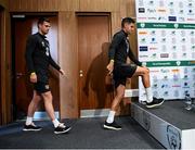 7 October 2019; Republic of Ireland's John Egan, right, and Kevin Long during a press conference at the FAI National Training Centre in Abbotstown, Dublin. Photo by Stephen McCarthy/Sportsfile