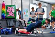 8 October 2019; Robbie Henshaw is watched by team physio Colm Fuller during an Ireland Rugby squad gym session at Shirouzuoike Park in Fukuoka, Japan. Photo by Brendan Moran/Sportsfile