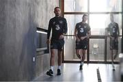8 October 2019; Conor Hourihane, left, and Alan Browne arrive for a Republic of Ireland press conference at the FAI National Training Centre in Abbotstown, Dublin. Photo by Stephen McCarthy/Sportsfile