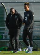 8 October 2019; Callum Robinson and Republic of Ireland assistant coach Terry Connor share a joke during a Republic of Ireland Training Session at the FAI National Training Centre in Abbotstown, Dublin. Photo by Harry Murphy/Sportsfile