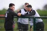 8 October 2019; Aaron Connolly, left, with Republic of Ireland U21 players Troy Parrott, right, and Jayson Molumby following a Republic of Ireland training session at the FAI National Training Centre in Abbotstown, Dublin. Photo by Stephen McCarthy/Sportsfile
