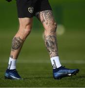 8 October 2019; A detailed view of the tattoos on the legs on James McClean during a Republic of Ireland training session at the FAI National Training Centre in Abbotstown, Dublin. Photo by Stephen McCarthy/Sportsfile