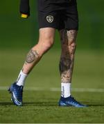 8 October 2019; A detailed view of the tattoos on the legs on James McClean during a Republic of Ireland training session at the FAI National Training Centre in Abbotstown, Dublin. Photo by Stephen McCarthy/Sportsfile