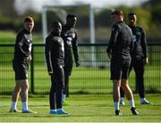 8 October 2019; Republic of Ireland players, from left, Kameron Ledwidge, Michael Obafemi and Dara O'Shea during a Republic of Ireland U21's  Training Session at FAI National Training Centre in Abbotstown, Dublin. Photo by Harry Murphy/Sportsfile