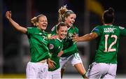 8 October 2019; Rianna Jarrett, right, celebrates with Republic of Ireland team-mates, from left, Diane Caldwell, Katie McCabe and Denise O’Sullivan after scoring her side's second goal during the UEFA Women's 2021 European Championships qualifier match between Republic of Ireland and Ukraine at Tallaght Stadium in Dublin. Photo by Stephen McCarthy/Sportsfile