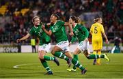 8 October 2019; Rianna Jarrett of Republic of Ireland celebrates after scoring her side's second goal with team-mates Heather Payne, left, and Megan Campbell, right, during the UEFA Women's 2021 European Championships qualifier match between Republic of Ireland and Ukraine at Tallaght Stadium in Dublin. Photo by Stephen McCarthy/Sportsfile